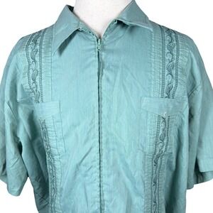 Haband Mens Guayabera Shirt Teal Short Sleeve Full Zip Embroidered 2XL